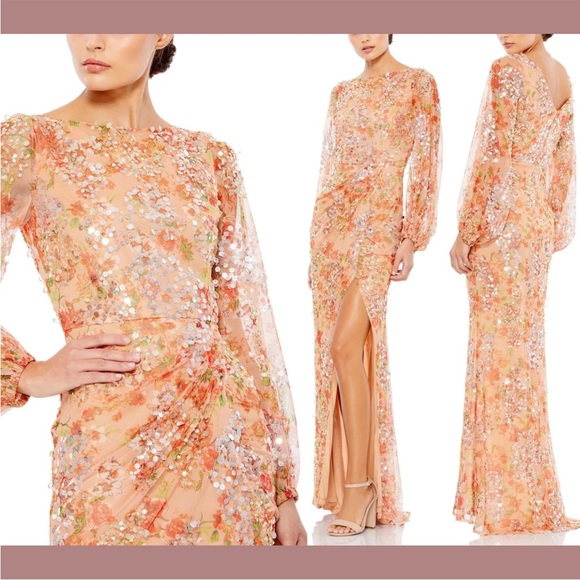 Mac Duggal Floral Maxi Long Sleeve Dress in apricot & sequin size 12 new women’s - Picture 1 of 12